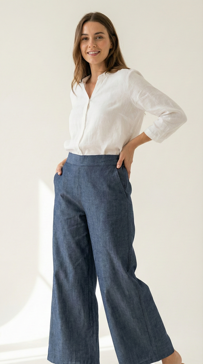 Pantalon chambray bota ancha con caída elegante para outfits de oficina